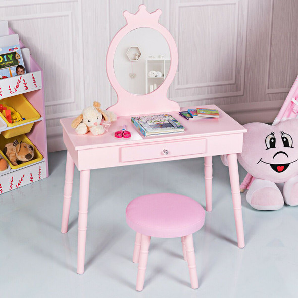Kids' Wooden Princess Makeup Table with Cushioned Stool product image