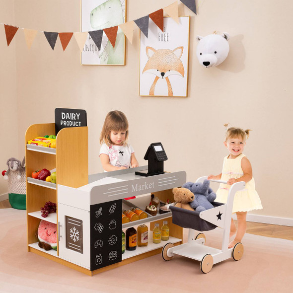 Kids' Pretend Play Grocery Store Set with Shopping Cart & 2 Chalkboards product image