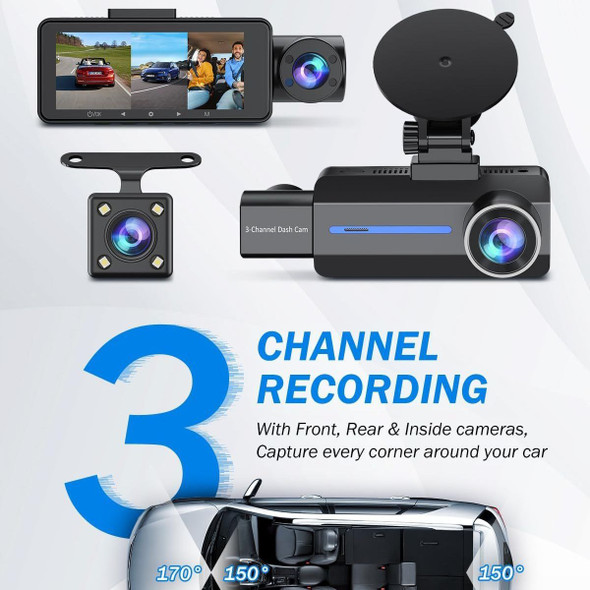 3 Channel 2.5K 1440P Dash Cam Front and Rear Inside,Triple Car Camera with G-Sensor,24Hr Parking,170 Degree Wide Angle Loop Recording, IR Night Vision product image