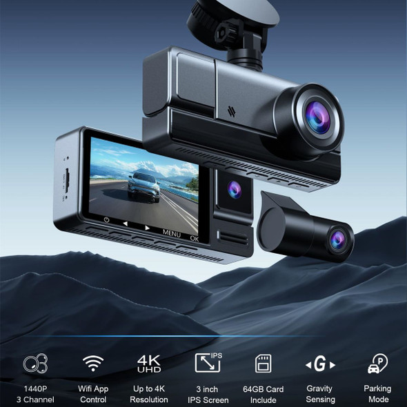 3 Channel WiFi Dash Cam Front and Rear Inside, 4K+1080P+1080P Dash Camera for Cars Front and Rear 24H Parking Mode App Control product image