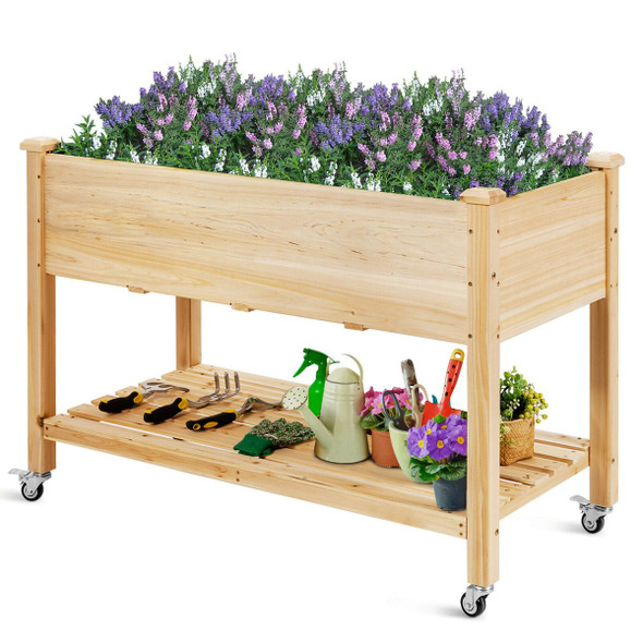 Wood Elevated Planter Bed with Lockable Wheels Shelf and Liner product image