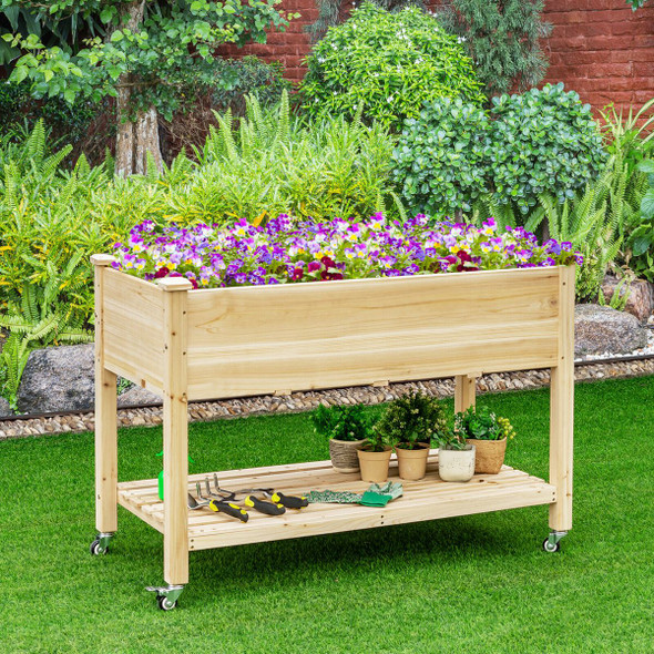 Wood Elevated Planter Bed with Lockable Wheels Shelf and Liner product image