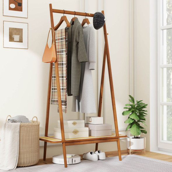Bamboo Clothes Rack with Hanging Rod, Shelf, and Hooks product image