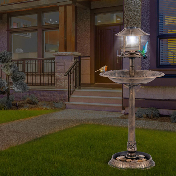 Pedestal Bird Bath with Solar Light, Bird Feeder, and Flower Planter product image