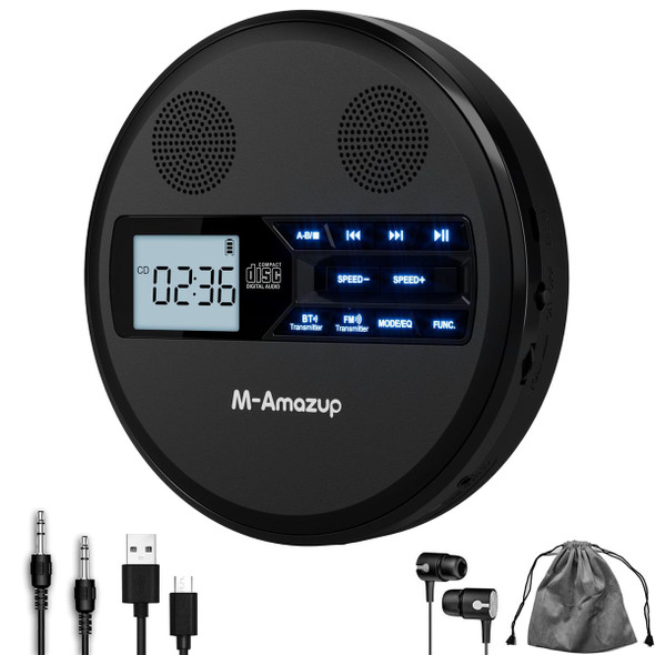 Rechargeable Portable CD Player with Dual Speakers and Anti Skip,CD,Dual Bluetooth,FM Transmission,USB,AUX,LCD Display,Backlit Button,Repeat-Black product image