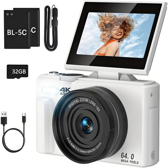 64MP Digital Camera 4K Video Vlogging YouTube Photography Flip Screen 18X Zoom Gift for Teens Color White With Dual Batteries product image