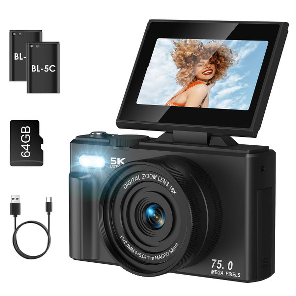75MP Digital Camera 5K Video Vlogging YouTube Photography Flip Screen 18X Zoom Gift for Teens Color Black With Dual Batteries product image