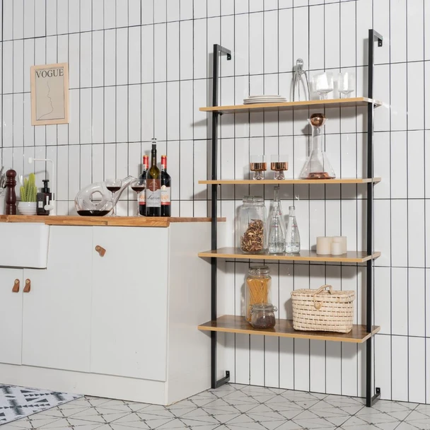 4-Tier Wall-Mounted Industrial Ladder Bookshelf with Metal Frame product image