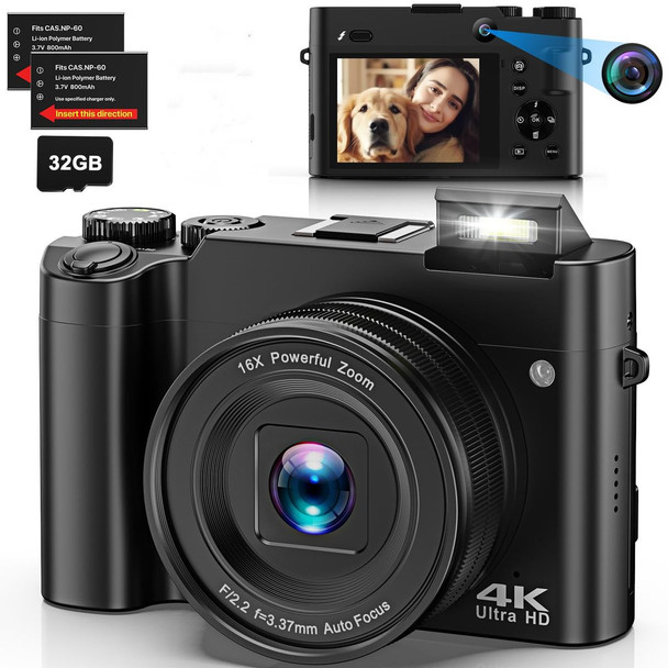 4K Digital Camera for Photography Dual 64MP 16X Digital Zoom Autofocus Vlogging 2.8" Screen Compact Travel Camera with 32GB SD Card,Anti-Shake,Flash product image