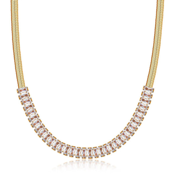 18K Gold Plated Herringbone Chain with Baguette Zirconia Crystals product image