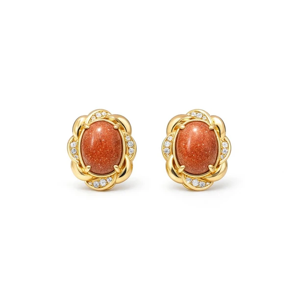 Gold-Plated Sunstone & Diamond Floral Stud Earrings product image