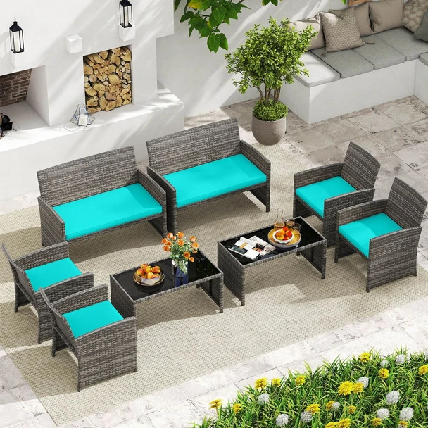 8-Piece Patio Conversation Set with Seat Cushions and Tempered Glass product image