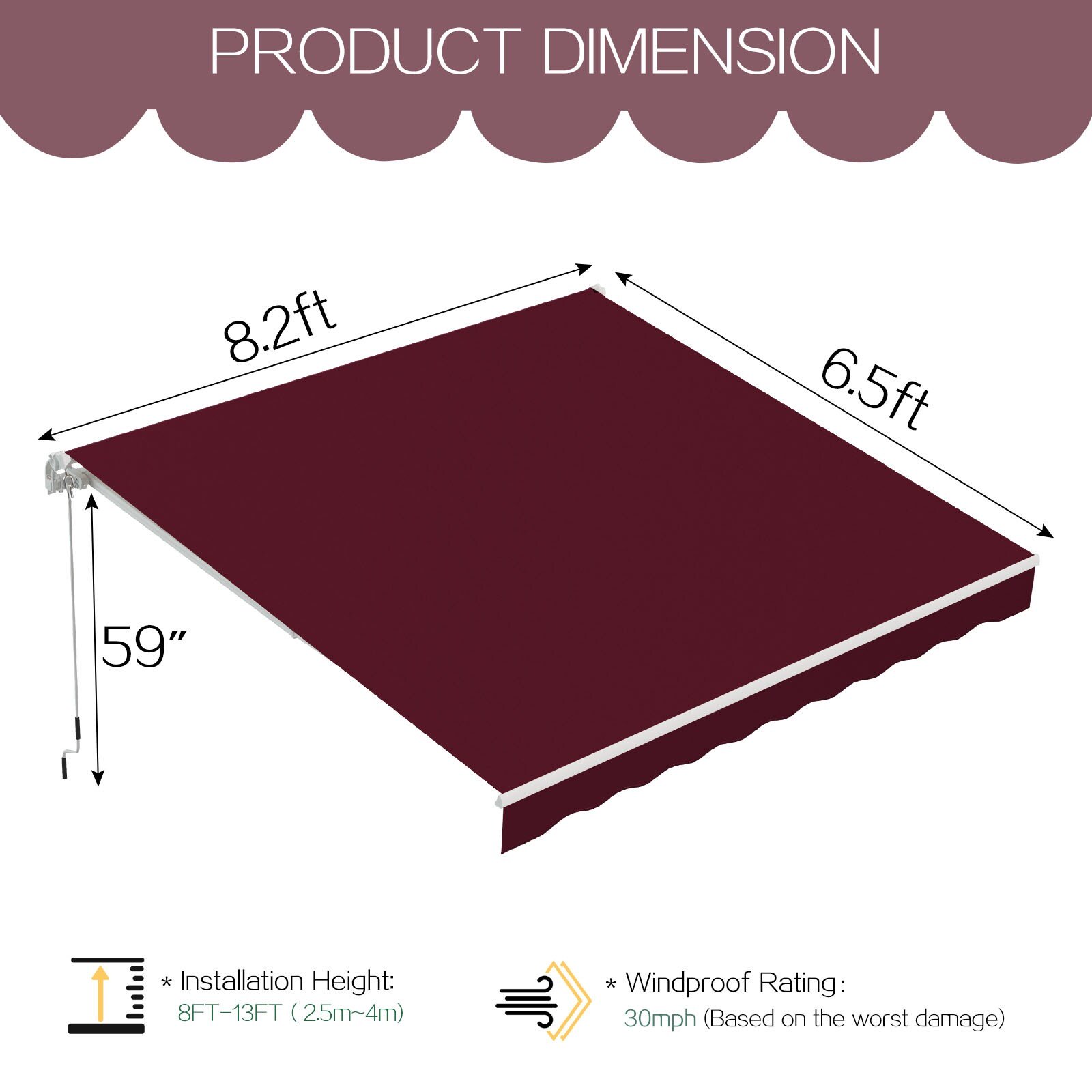 Manual Retractable Sun Shade Awning with Manual Crank - 19002WRD-UG01
