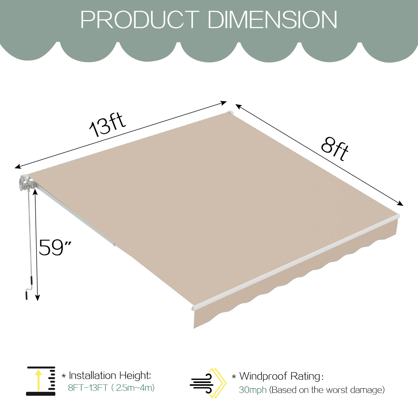 Manual Retractable Sun Shade Awning with Manual Crank - 19004BG-UG01-1
