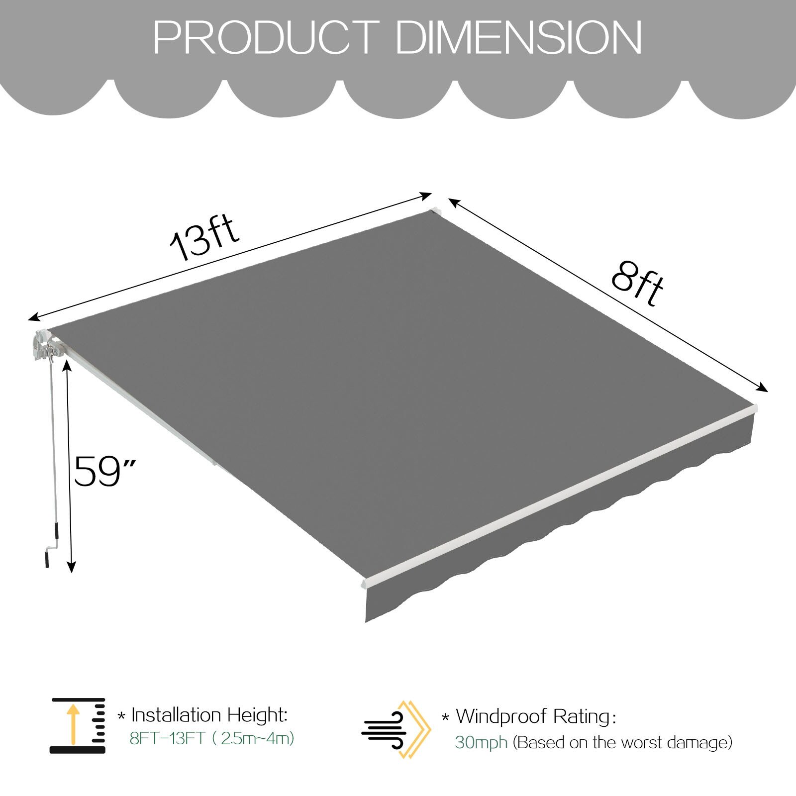 Manual Retractable Sun Shade Awning with Manual Crank - 19004GR-UG01