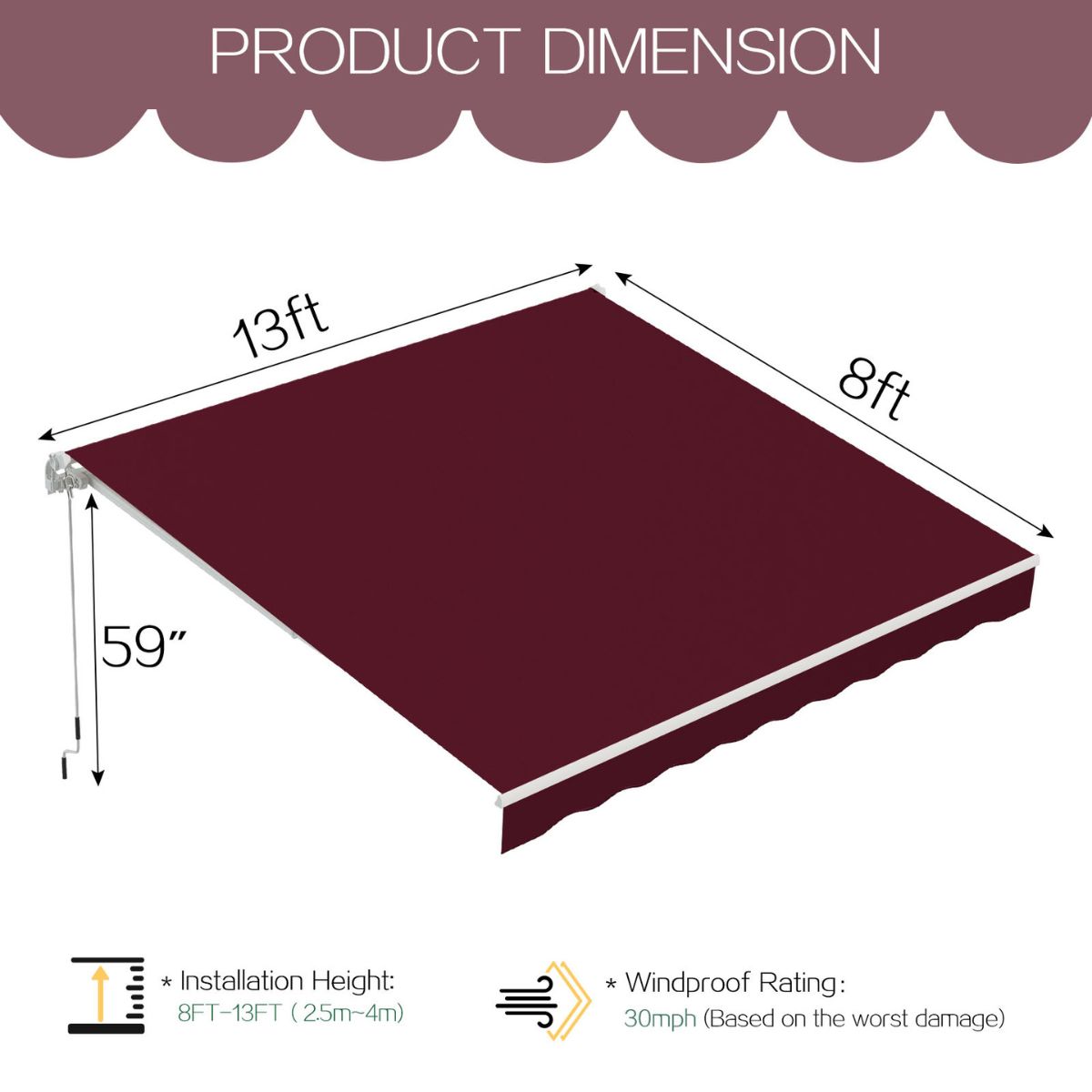 Manual Retractable Sun Shade Awning with Manual Crank - 19004WRD-UG01
