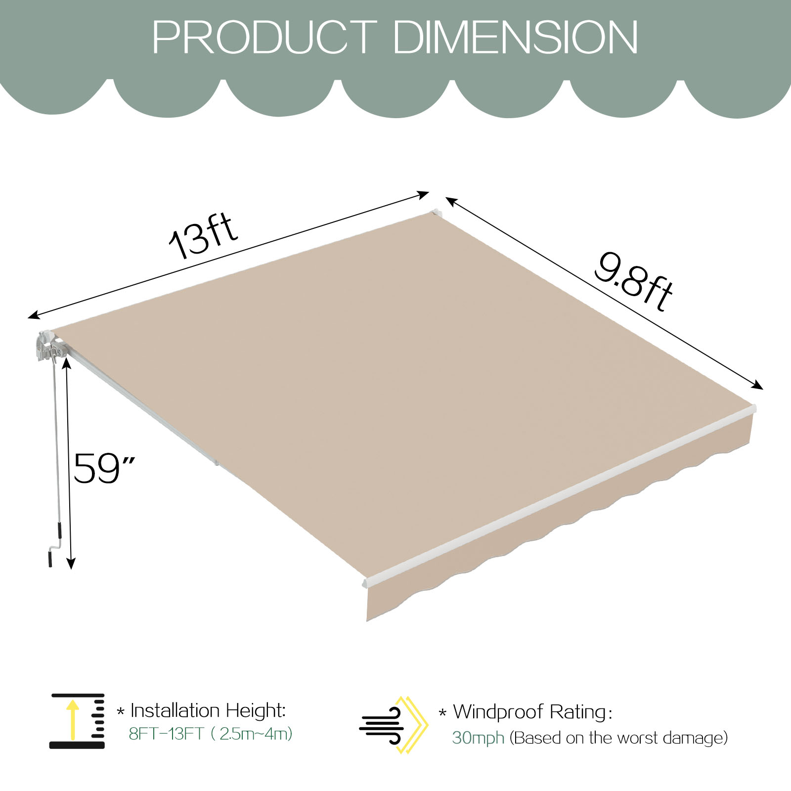 Manual Retractable Sun Shade Awning with Manual Crank - 16013BG-UG01-1