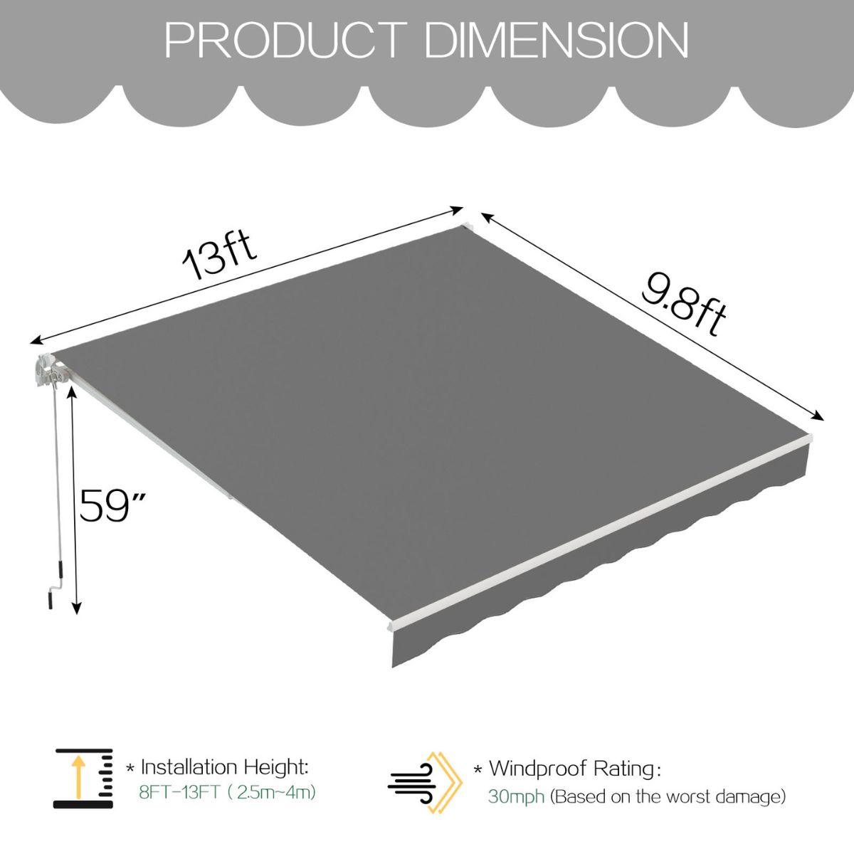 Manual Retractable Sun Shade Awning with Manual Crank - 16013GR-UG01