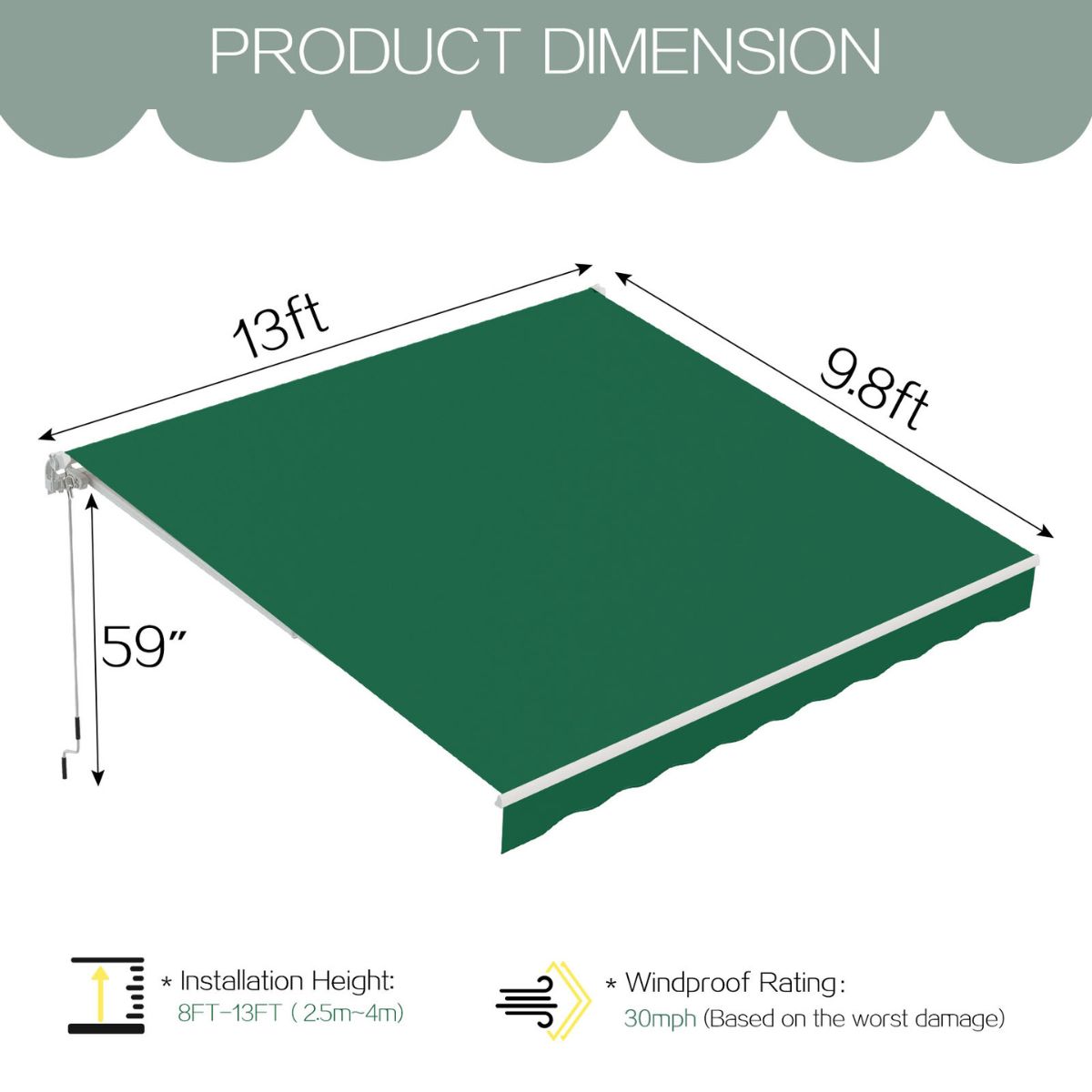 Manual Retractable Sun Shade Awning with Manual Crank - 16013GN-UG01