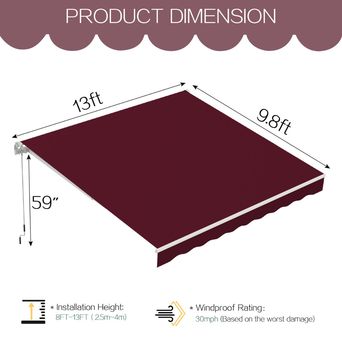 Manual Retractable Sun Shade Awning with Manual Crank - 16013WRD-UG01