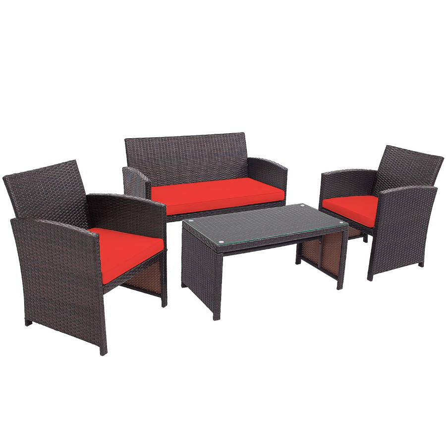 Rattan 4-Piece Curved Back Patio Furniture Set - Red