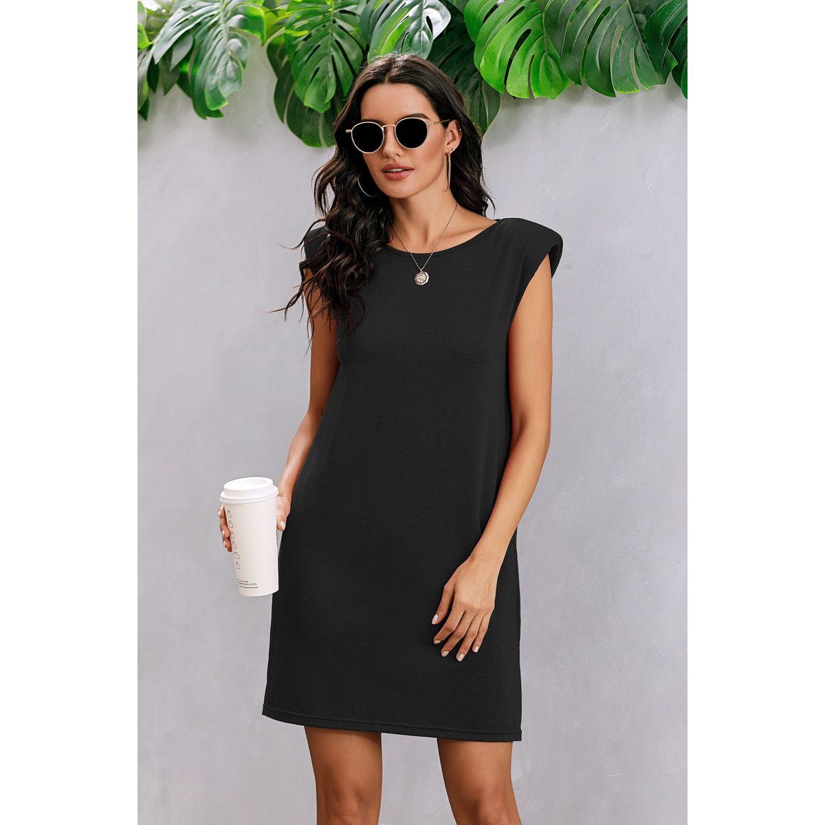 Women's Sleek Comfort Shoulder Pad Sleeveless Dress - BLACK / L