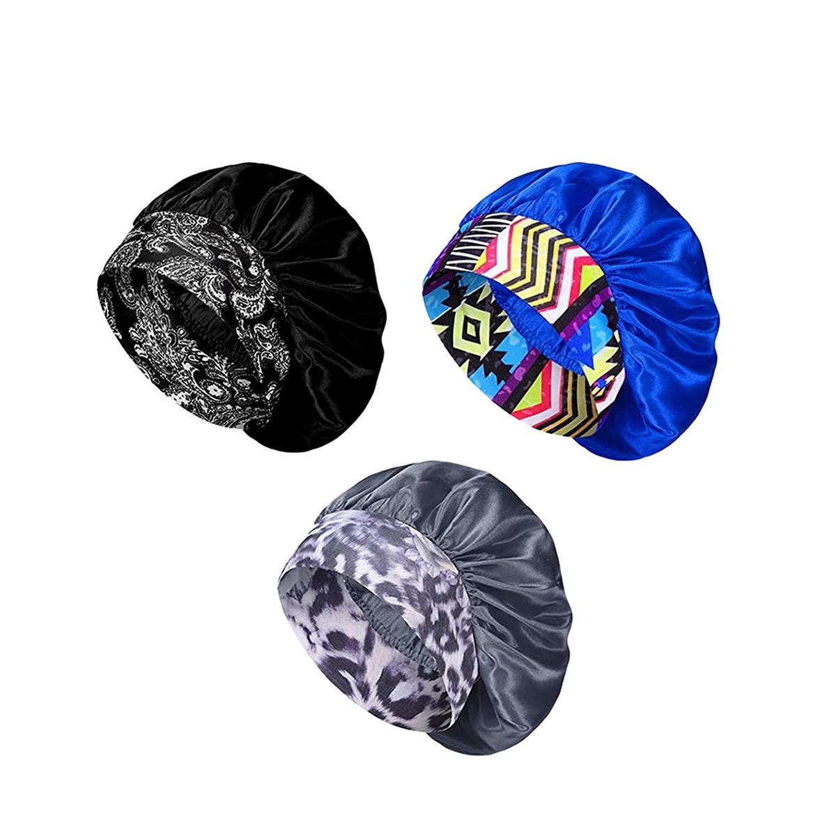Women's Silky Satin Head Scarf Hair Wrap (3-Pack) - Black/Blue/Gray
