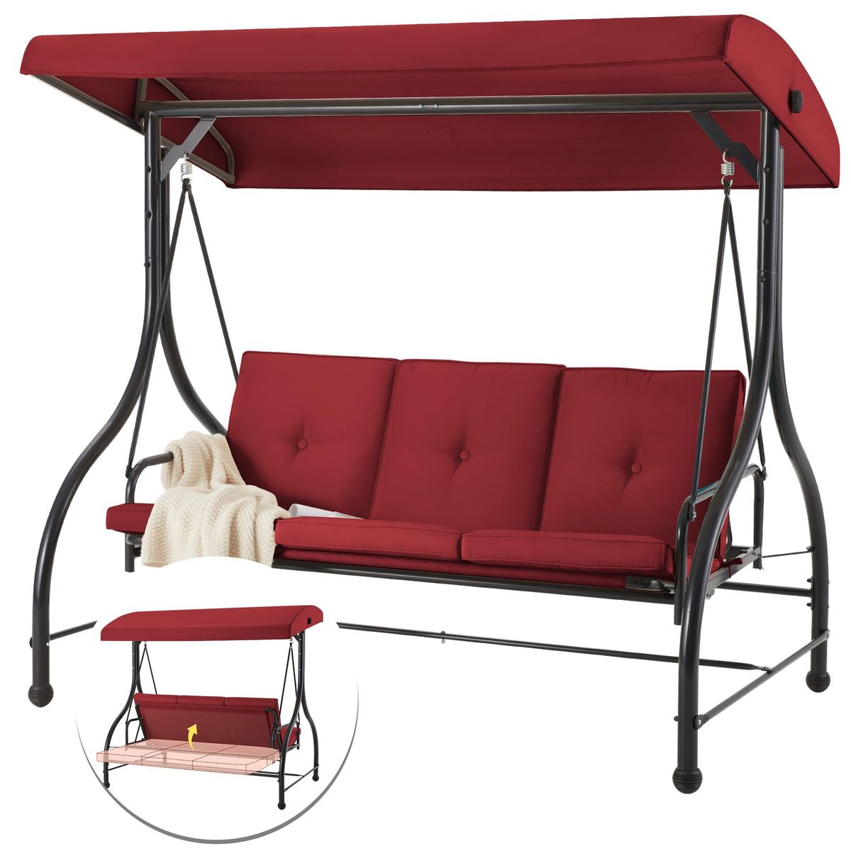 3-Seat Outdoor Swing Hammock with Adjustable Tilt Canopy - 16024RD-UG01