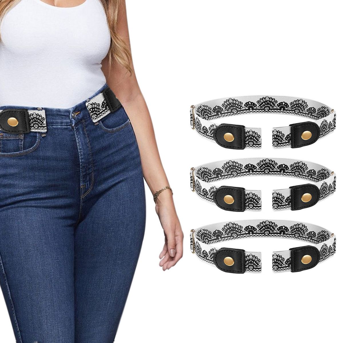 Adjustable Unisex Buckle-Free Stretch Belt (3-Pack) - Black & White