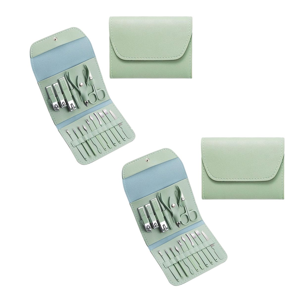 16-Piece Manicure Pedicure Facial Grooming Kit in Leather Case (2-Pack) - Green - 2Pack