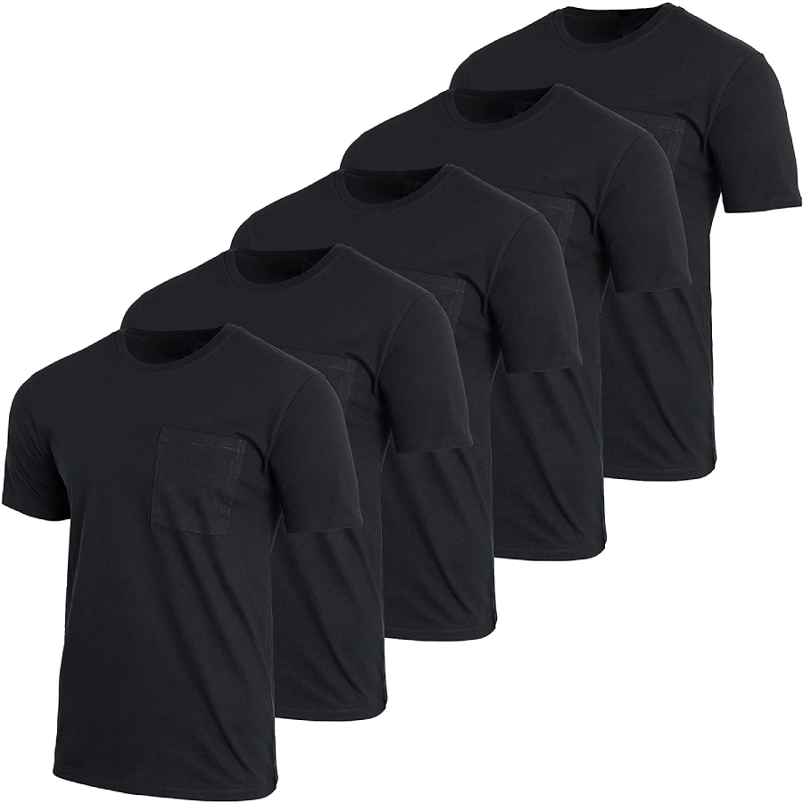Men's Cotton Crewneck T-Shirt with Pocket (5-Pack) - Black Pack- Small