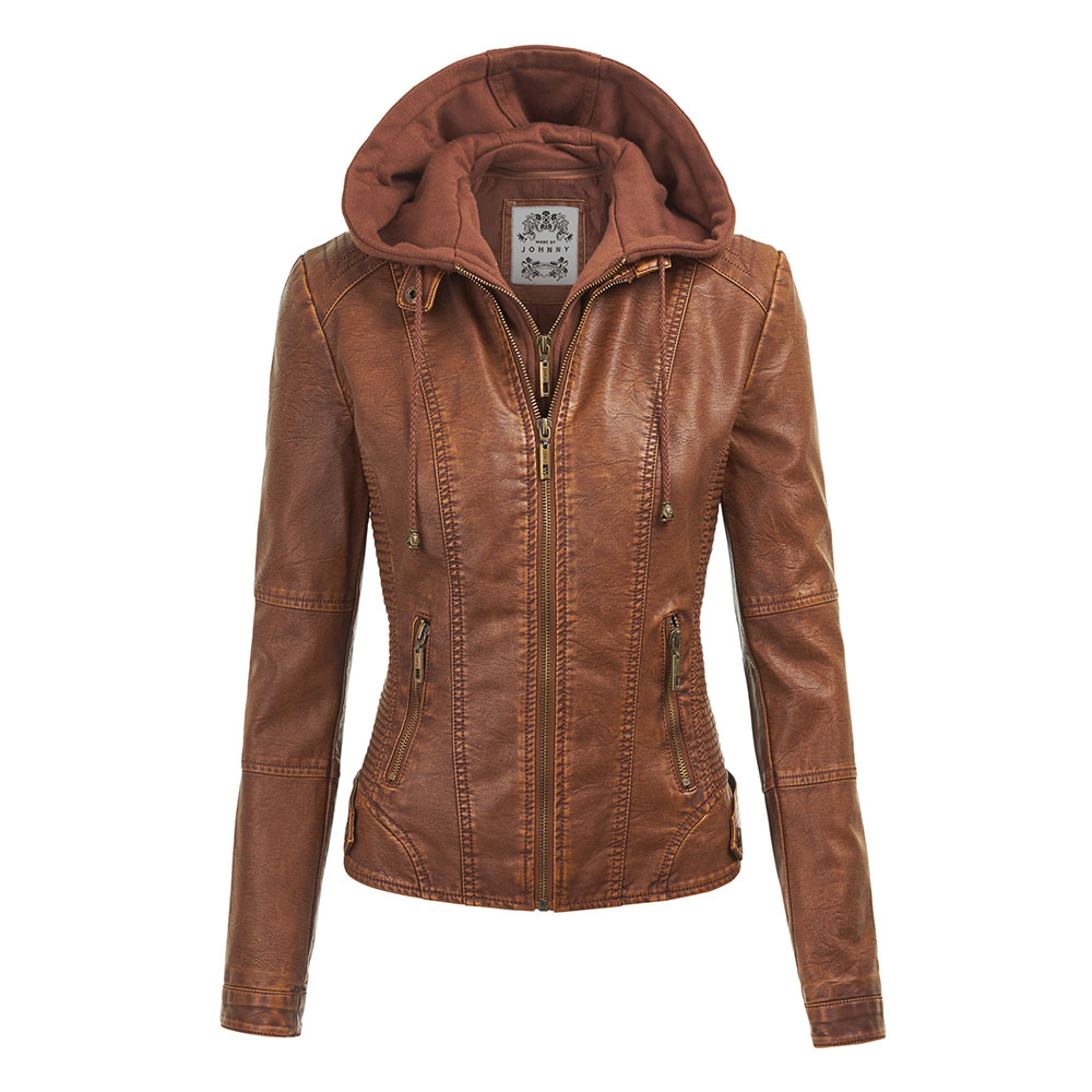Women's Faux Leather Moto Jacket with Hoodie - Camel - 3XL