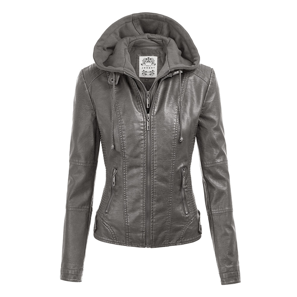 Women's Faux Leather Moto Jacket with Hoodie - Grey - Large
