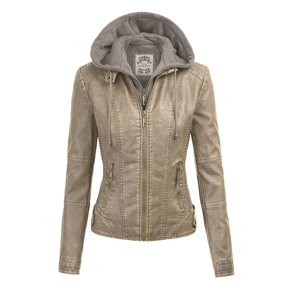 Women's Faux Leather Moto Jacket with Hoodie - Khaki - XL