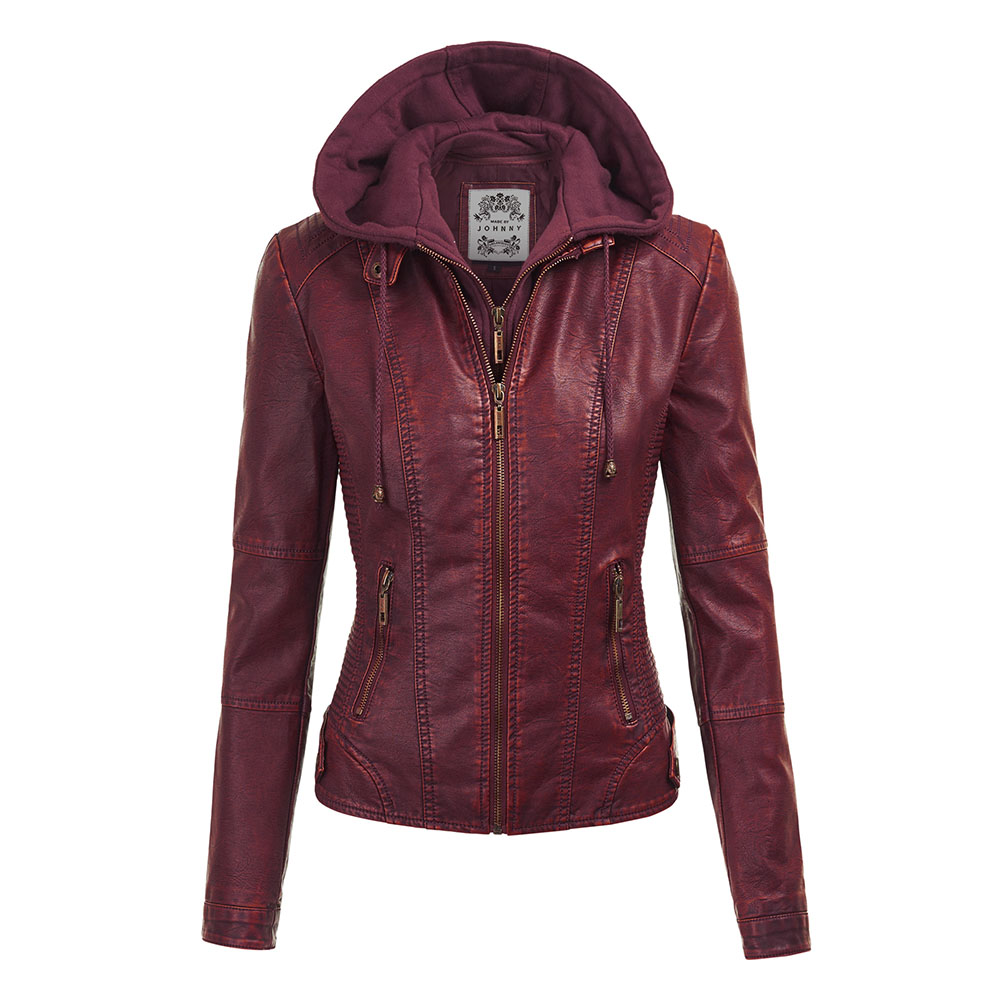 Women's Faux Leather Moto Jacket with Hoodie - Wine - Large