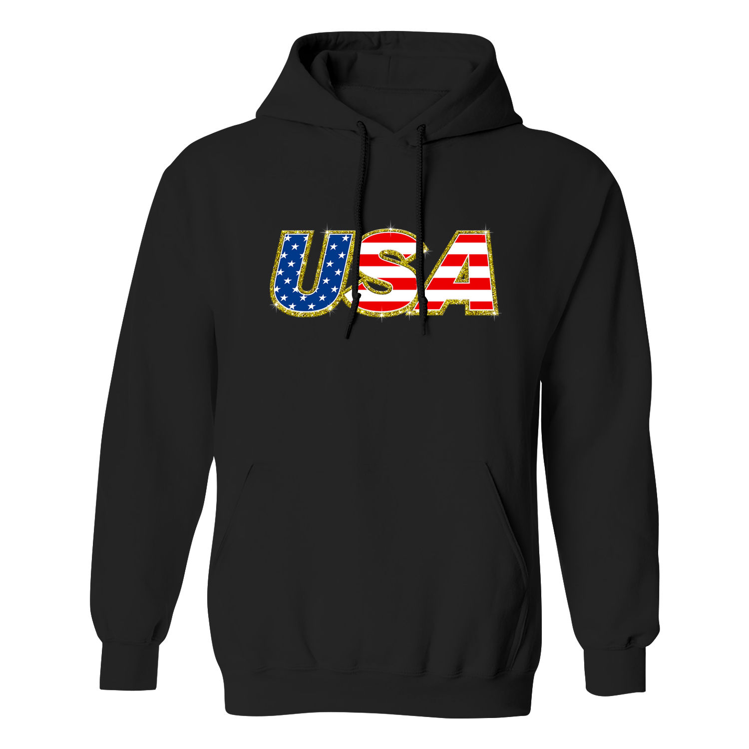 Women's Patriotic 'USA Love' Pullover Hoodie - USA Gold Border - Black / S