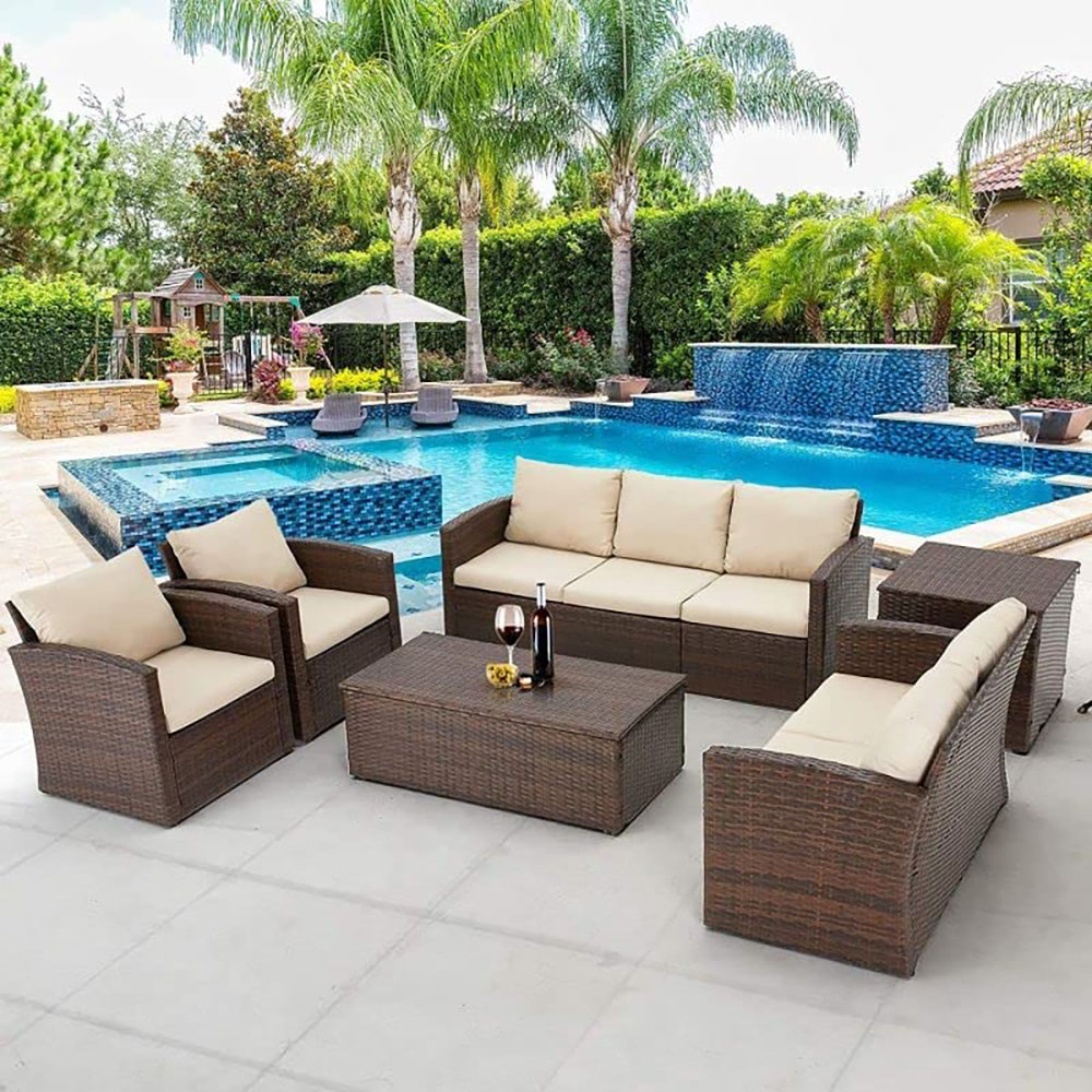 7-Person Rattan Patio Furniture Set with 2 Storage Boxes - Beige