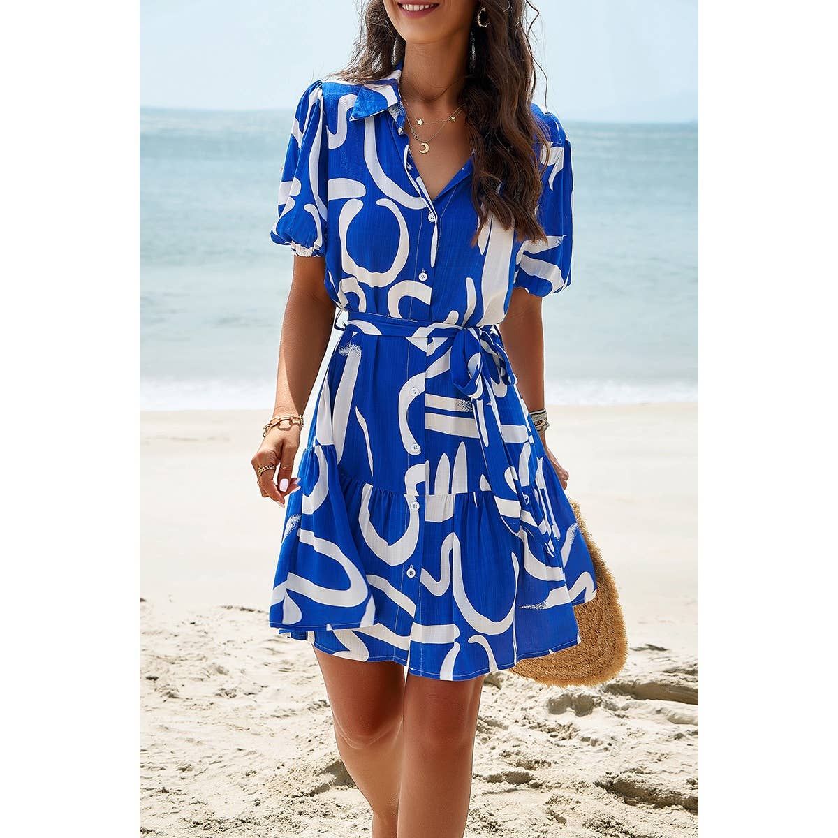 Women's Geo Rhythm Shirt Dress - NAVY / S