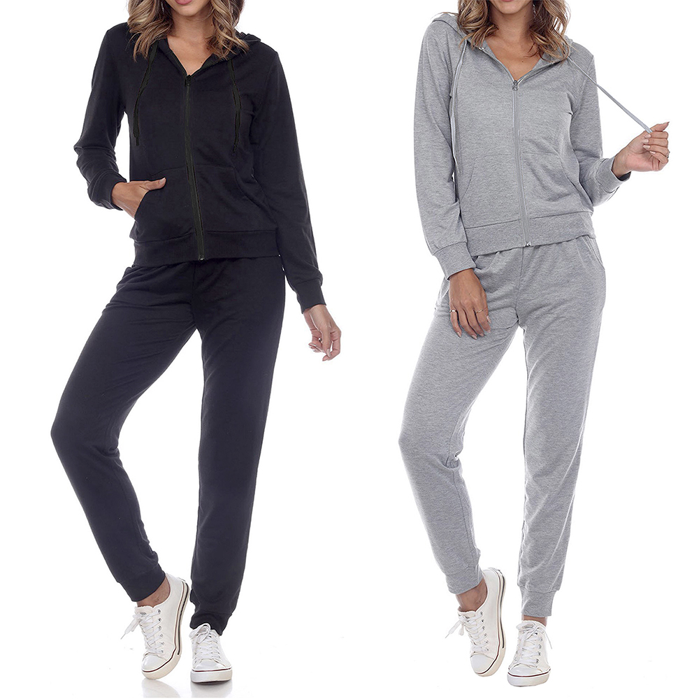 Women's Matching Jersey-Knit Hoodie and Jogger Pants (2-Pack) - Black/Heather- Small