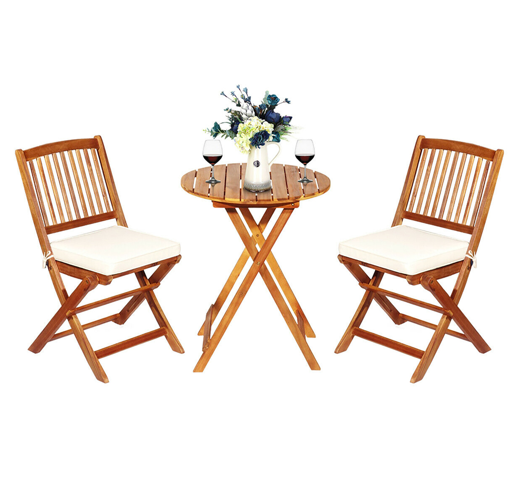 Folding Wooden 3-Piece Patio Bistro Set - Cream