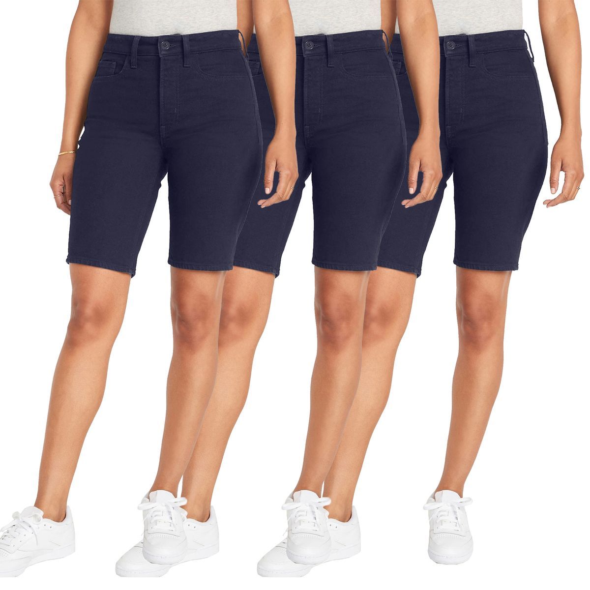 Juniors' School Uniform Super Stretch Bermuda Shorts (1 or 3-Pack) - (3-PK) H/BRSS-NV - 1/2