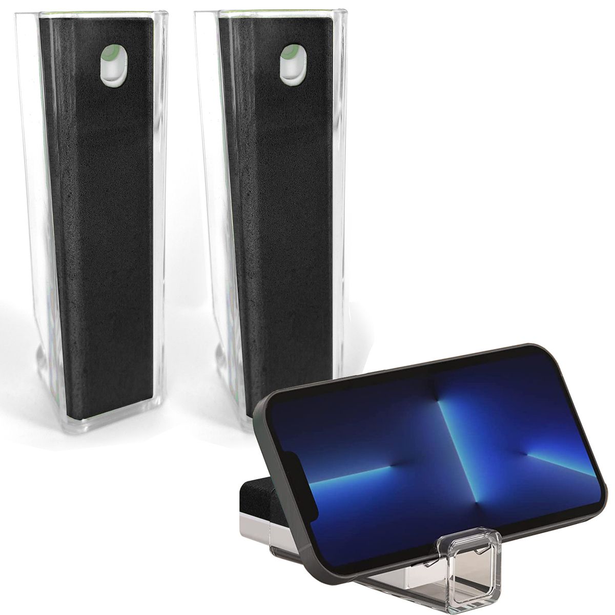 All-in-One Screen Cleaning Spray, Cloth, and Phone Stand (2-Pack) - 2x Black