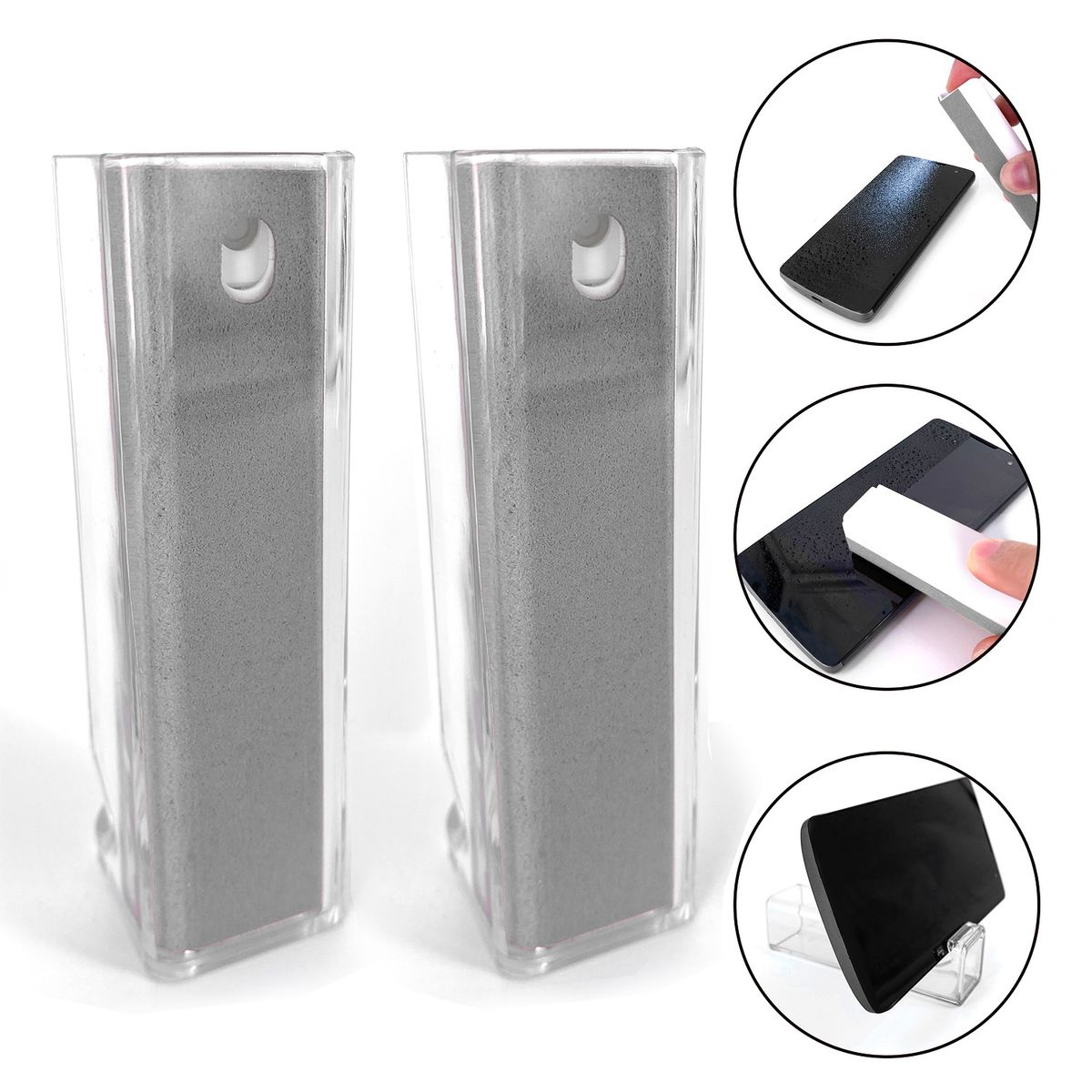 All-in-One Screen Cleaning Spray, Cloth, and Phone Stand (2-Pack) - 2x Gray