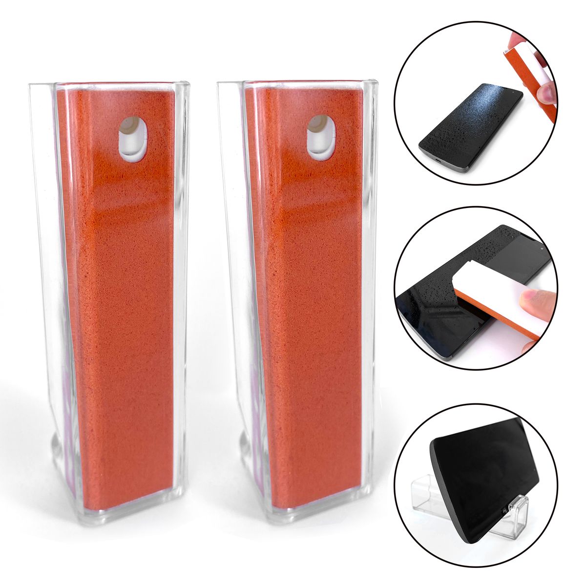All-in-One Screen Cleaning Spray, Cloth, and Phone Stand (2-Pack) - 2x Orange