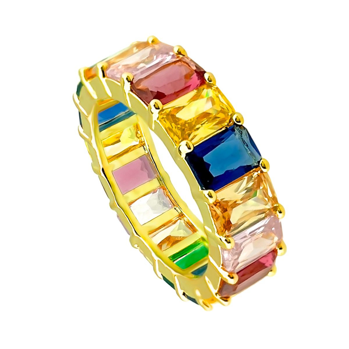 18K Gold Plated Eternity Rainbow Ring with Multicolor Stones - Size 9 Ring