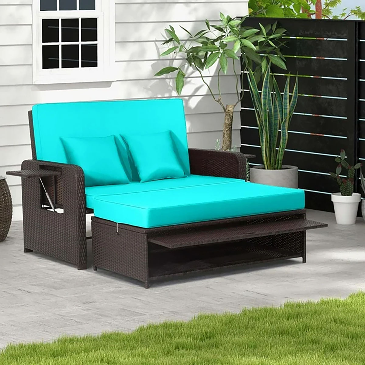 Patio Rattan Daybed with 4-Level Adjustable Backrest & Retractable Side Tray - Rattan Daybed TU