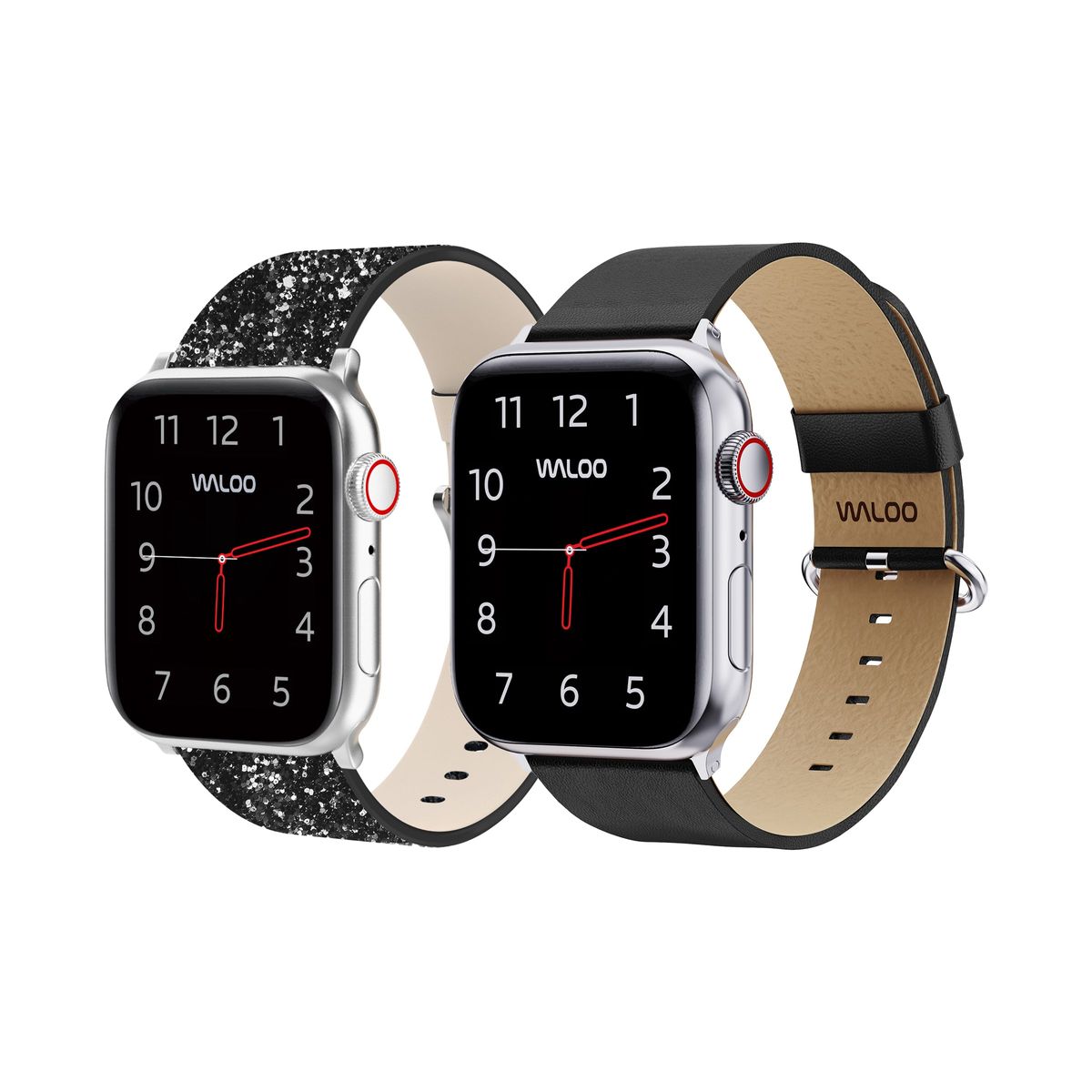 Waloo® Bling & Leather Grain Bands for Apple Watch (2-Pack) - 38/40/41mm / Black Bling + Black Grain