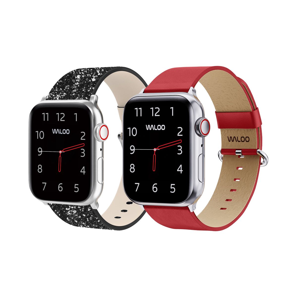 Waloo&reg; Bling & Leather Grain Bands for Apple Watch (2-Pack) - 42/44/45/49mm / Black Bling + Red Grain
