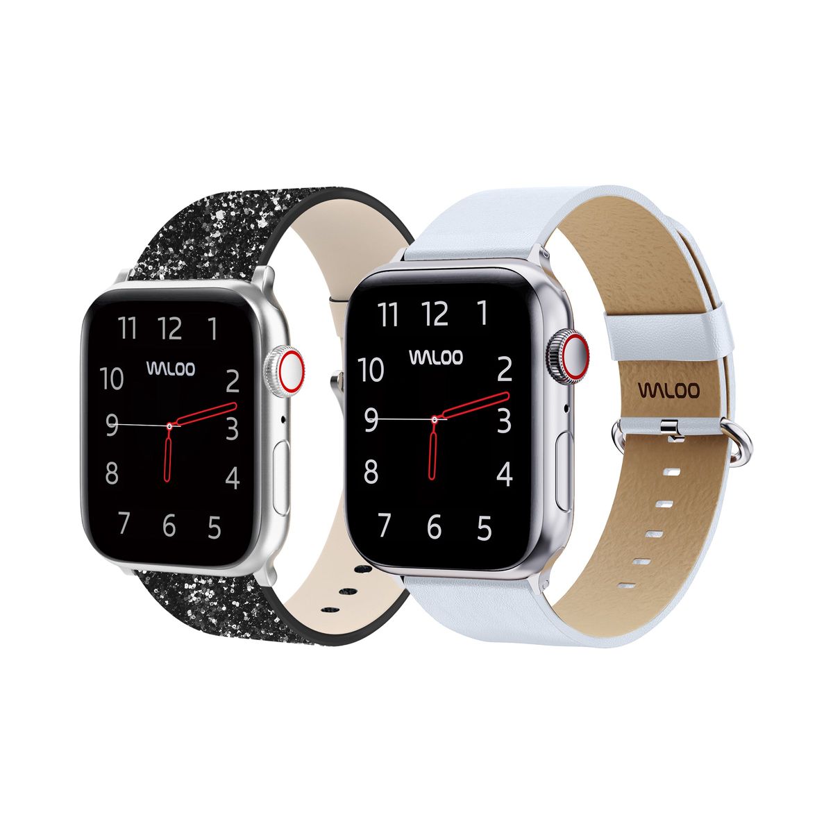 Waloo® Bling & Leather Grain Bands for Apple Watch (2-Pack) - 42/44/45/49mm / Black Bling + White Grai