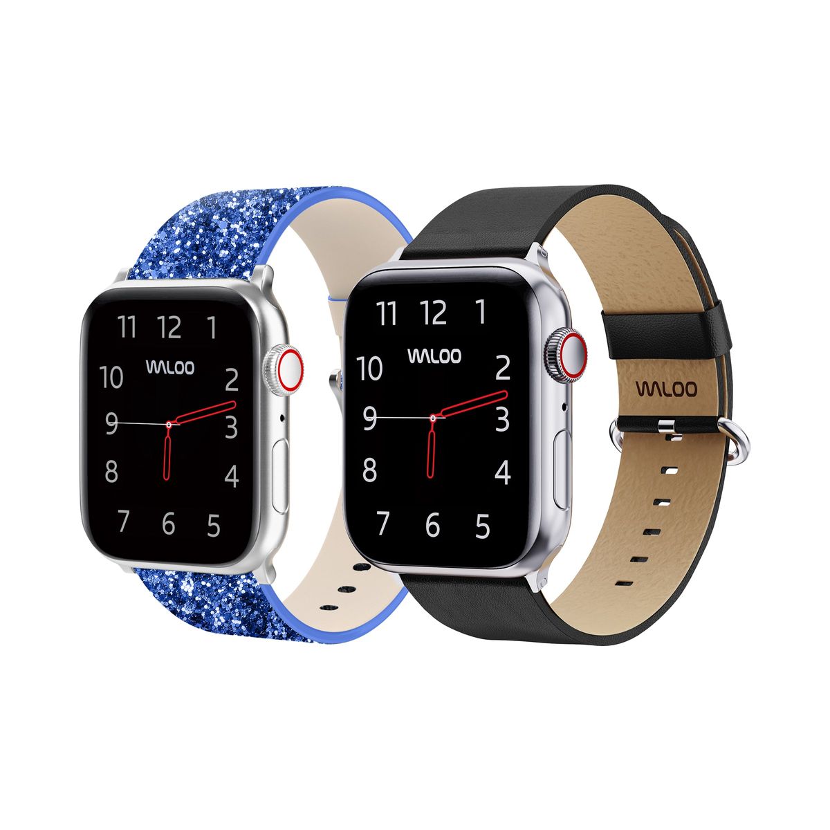 Waloo&reg; Bling & Leather Grain Bands for Apple Watch (2-Pack) - 42/44/45/49mm / Blue Bling + Black Grain